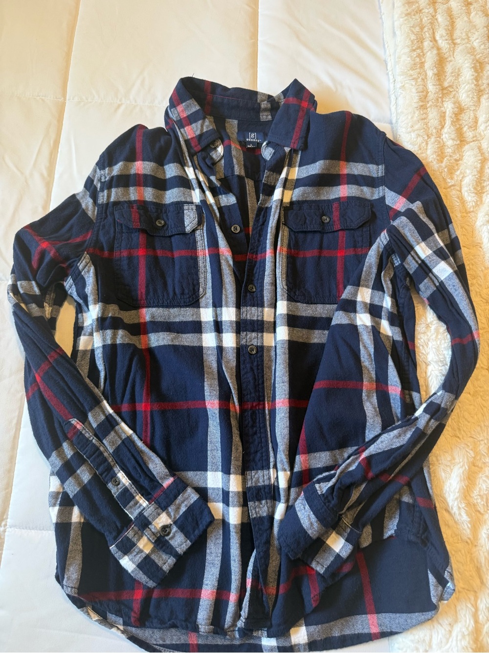 George Navy Plaid Button-Up Shirt with White and Red Stripes